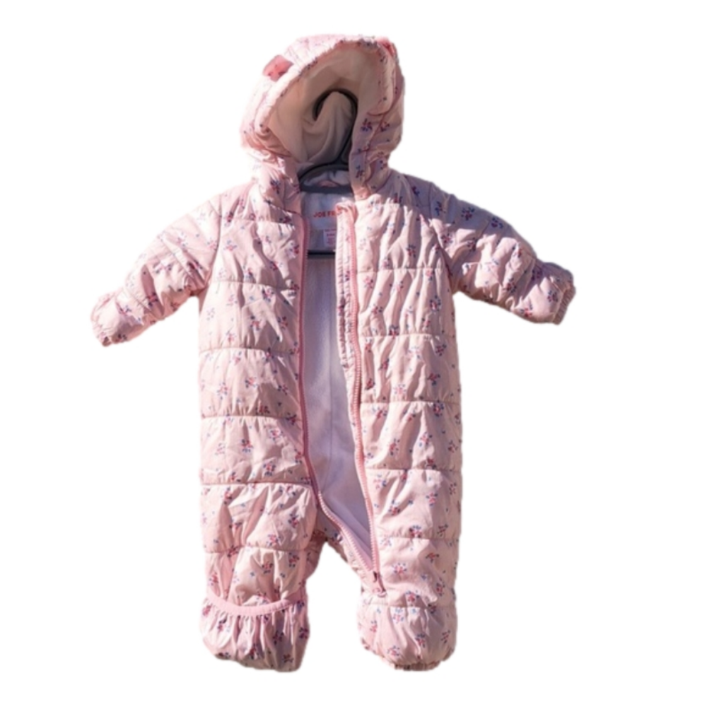 Winter baby outdoor onesie size 3-6months hooded, pink, flowers zip-up